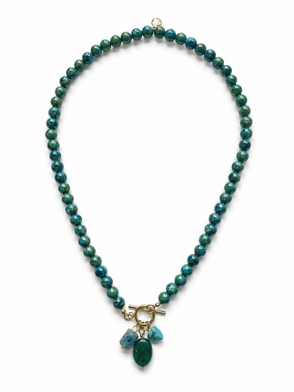 Natural Stone Green&Turquoise Beaded Pendant Necklace with Gold Toggle